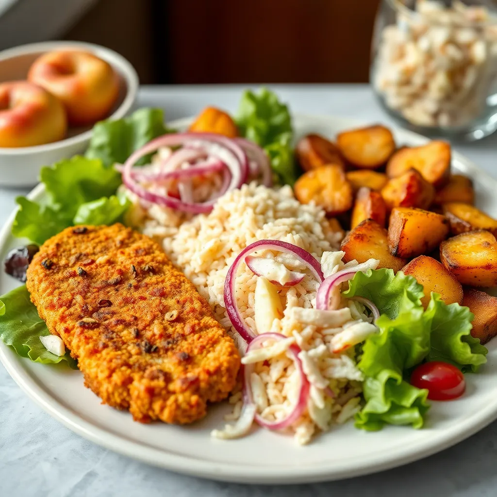 Recept - Vyprážaný kuracie rezníky obaľované v Corn flakes podávané s ½ jazmínová ryža, ½ opekané zemiačiky, Coleslaw šalát