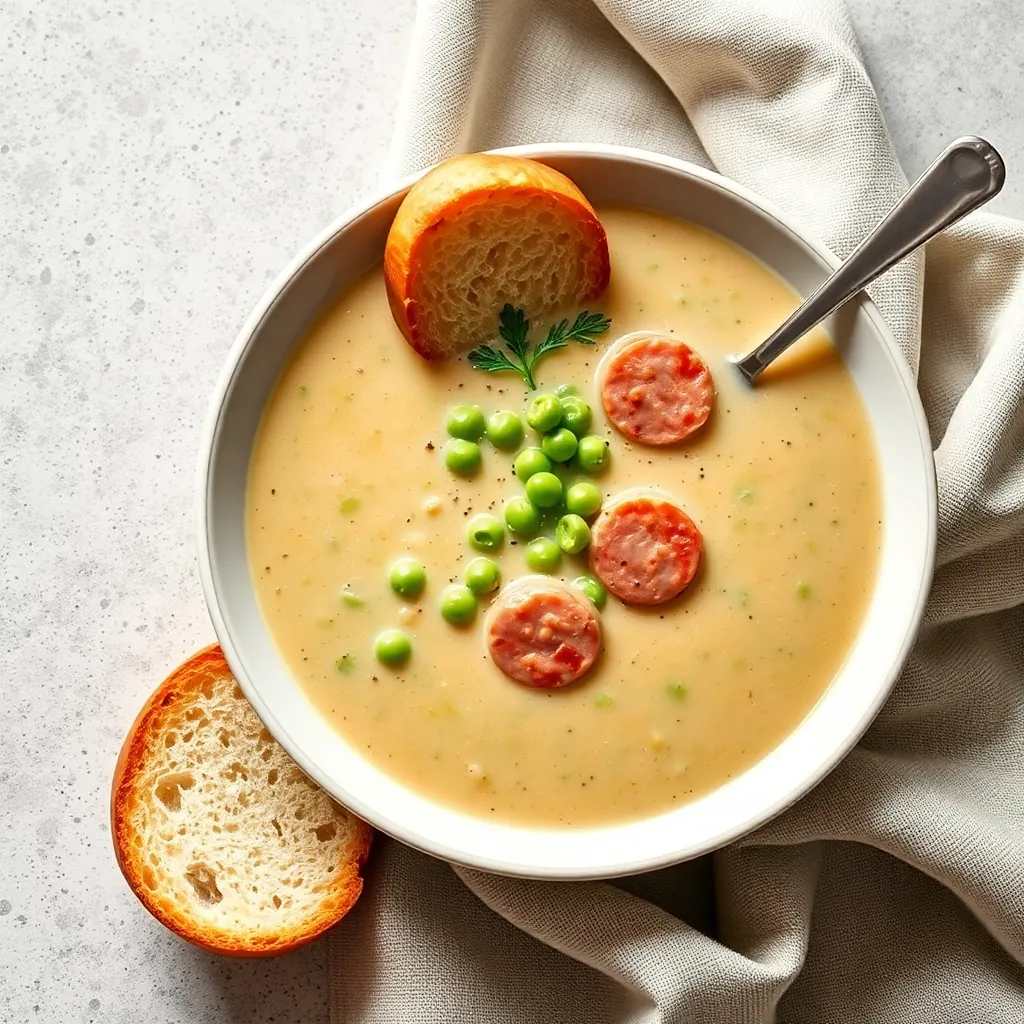 Recept - Hrachový krém s klobáskou, chlieb