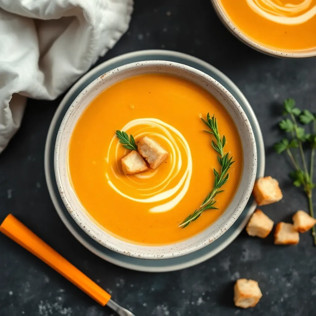 Recept - 0,3l Batátovo mrkvový krém s krutónmi (1,3,7) Slepačí vývar