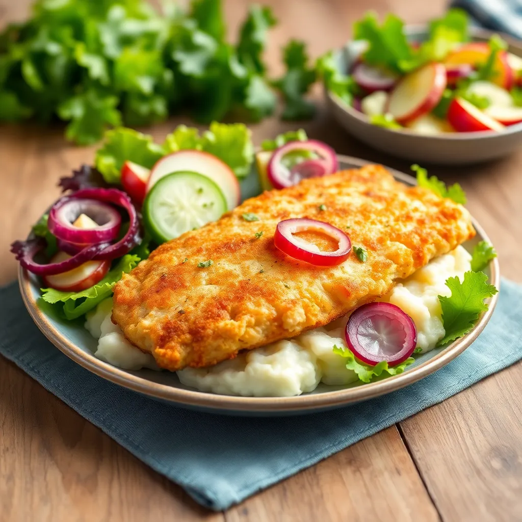 Recept - Parížsky rezeň, so zemiakovou kašou a uhorkovým šalátom (1,3,7) 130g/150g