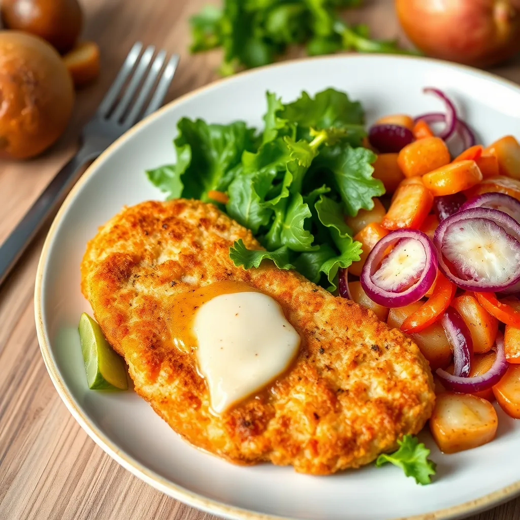 Recept - Kurací Černohorský rezeň posypaný syrom s opek. zemiakmi a kapustovo mrkvovým šalátom v sladko kyslom náleve