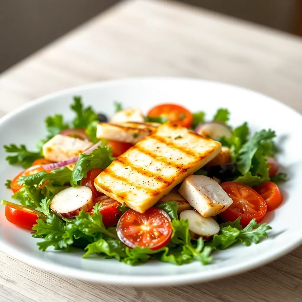 Recept - Zeleninový šalát s grilovaným Halloumi syrom, pizza chiieb (list.šalát, rajčina, paprika, uhorka)