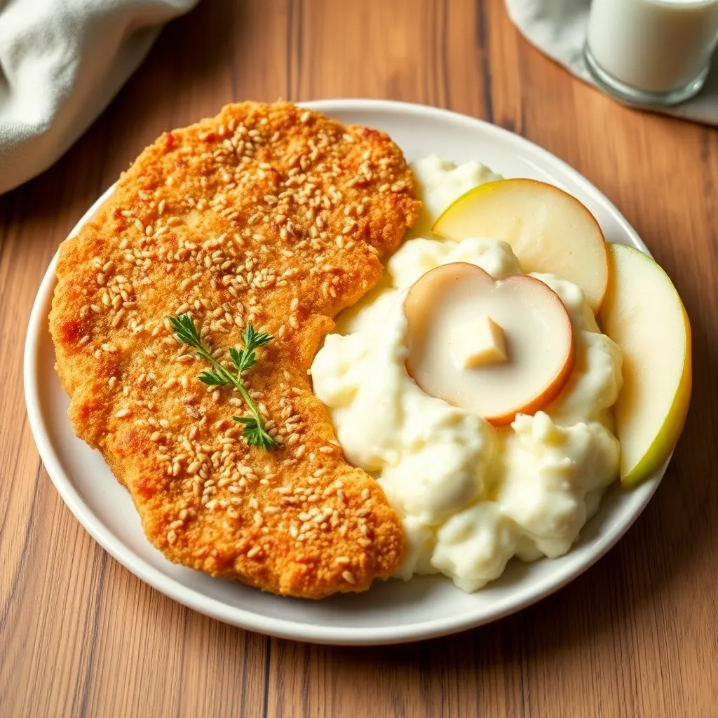 Recept - Vyprážané kuracie rezne v sezame s zemiakovou kašou a medovým jabĺčkom