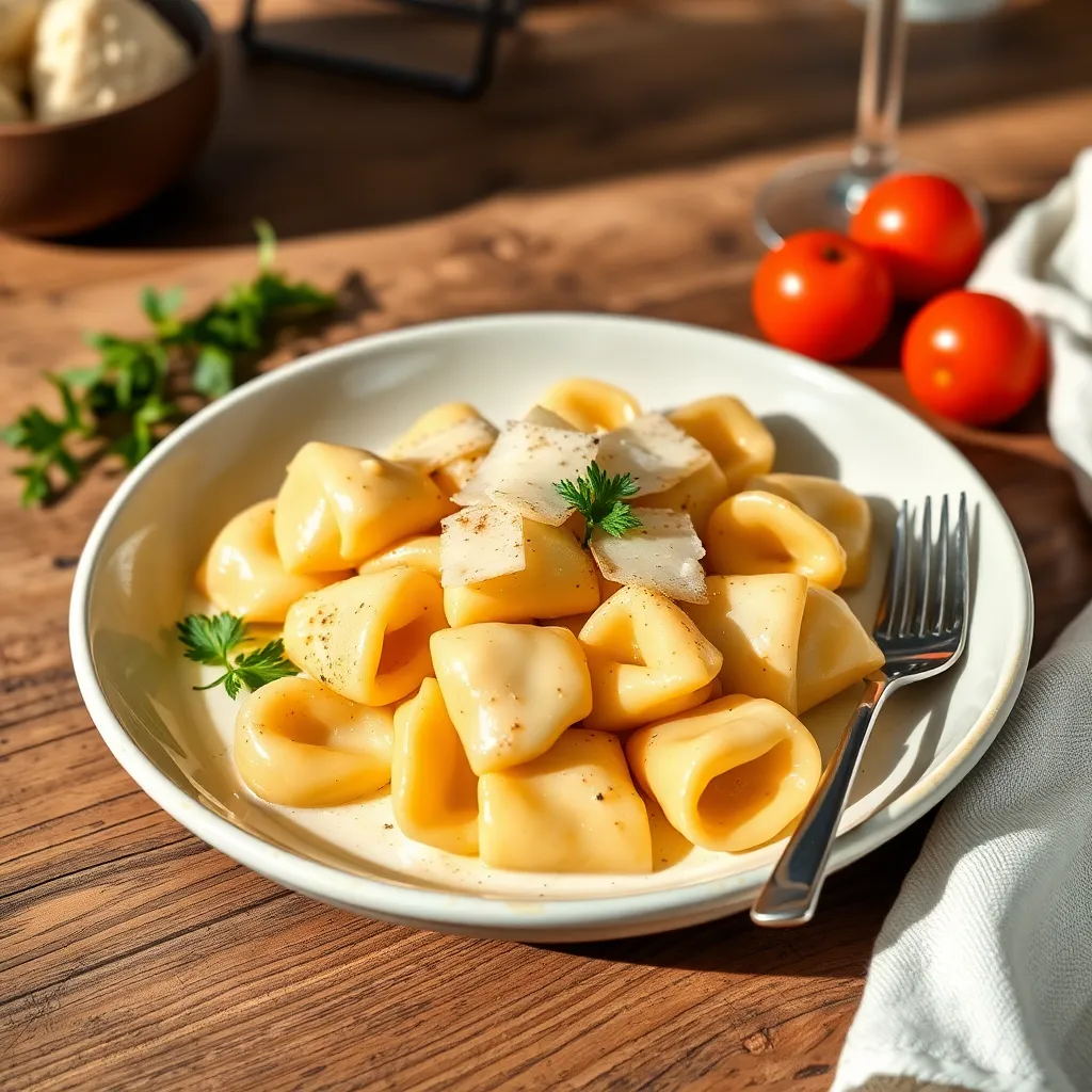 Recept - Tortellini so štyrmi druhmi syra so syrovou omáčkou a parmezánovým čipsom (1,3,7) 350g