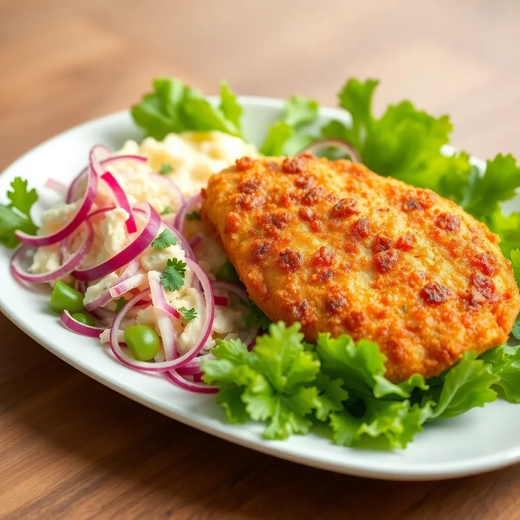 Recept - Kurací rezeň XXL v šunkovo syrovom cestíčku so zemiakovou kašou Coleslaw šalátom