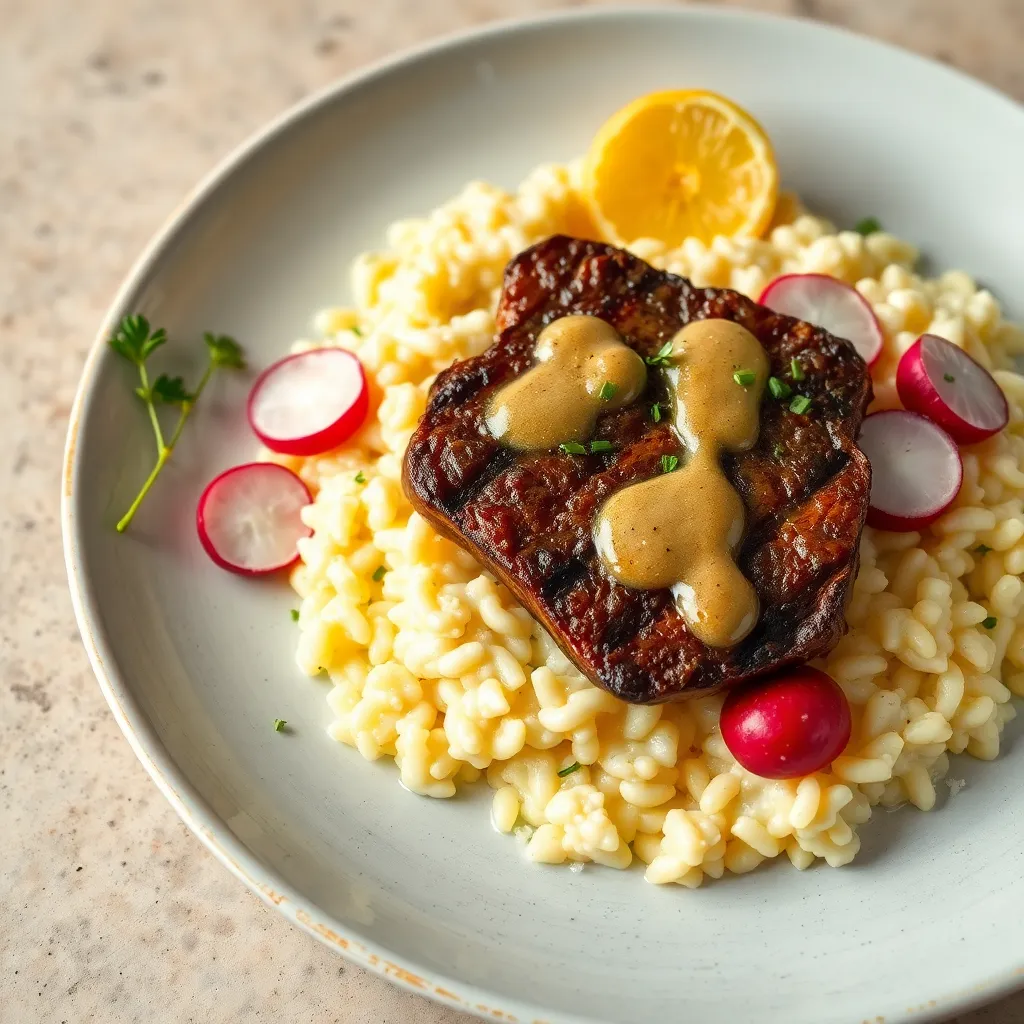 Recept - Krémové gorgonzolové risotto s marinovanou hovädzou roštenkou a reďkovkami preliaty dresingom z hľuzoviek