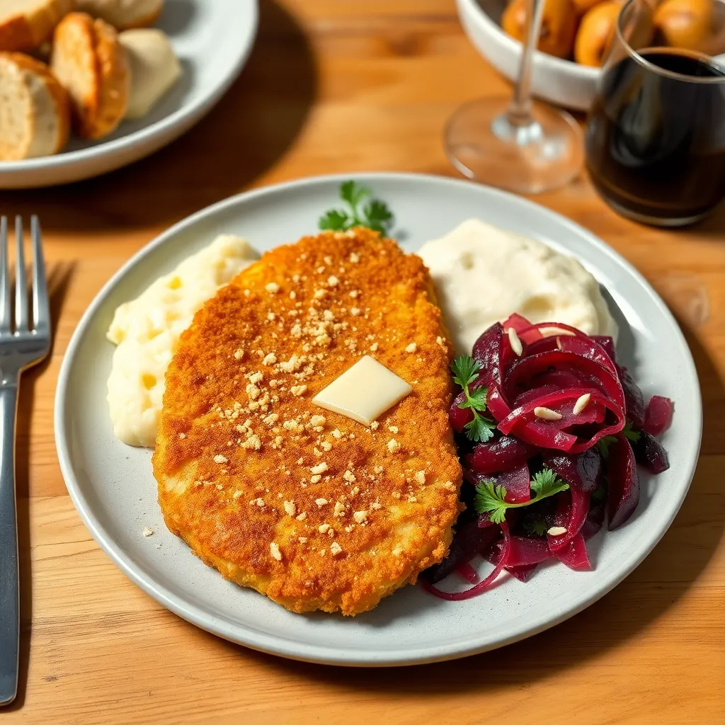 Recept - Kurací Černohorský rezeň posypaný syrom so zemiakovou kašou a šalátom z cvikly s chrenom