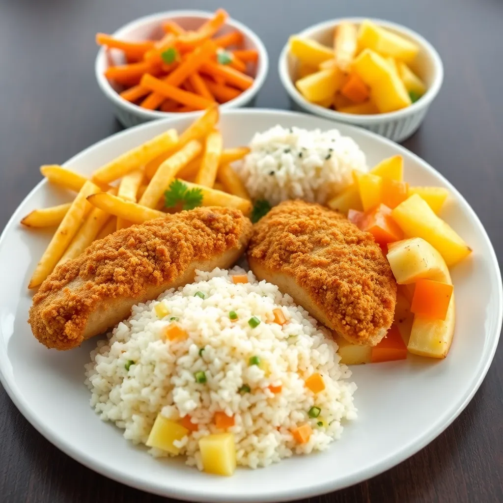 Recept - Kurací Cordon blue obaľovaný v Panko strúhanke podávaný s ½ jazmínovou ryžou a ½ hranolkami, miešaný šalát z mrkvy a ananásu