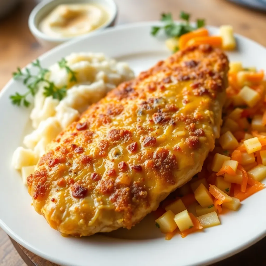 Recept - Kurací rezeň XXL v šunkovo syrovom cestíčku so zemiakovou kašou s maslom a šalátom z mrkvy a ananásu