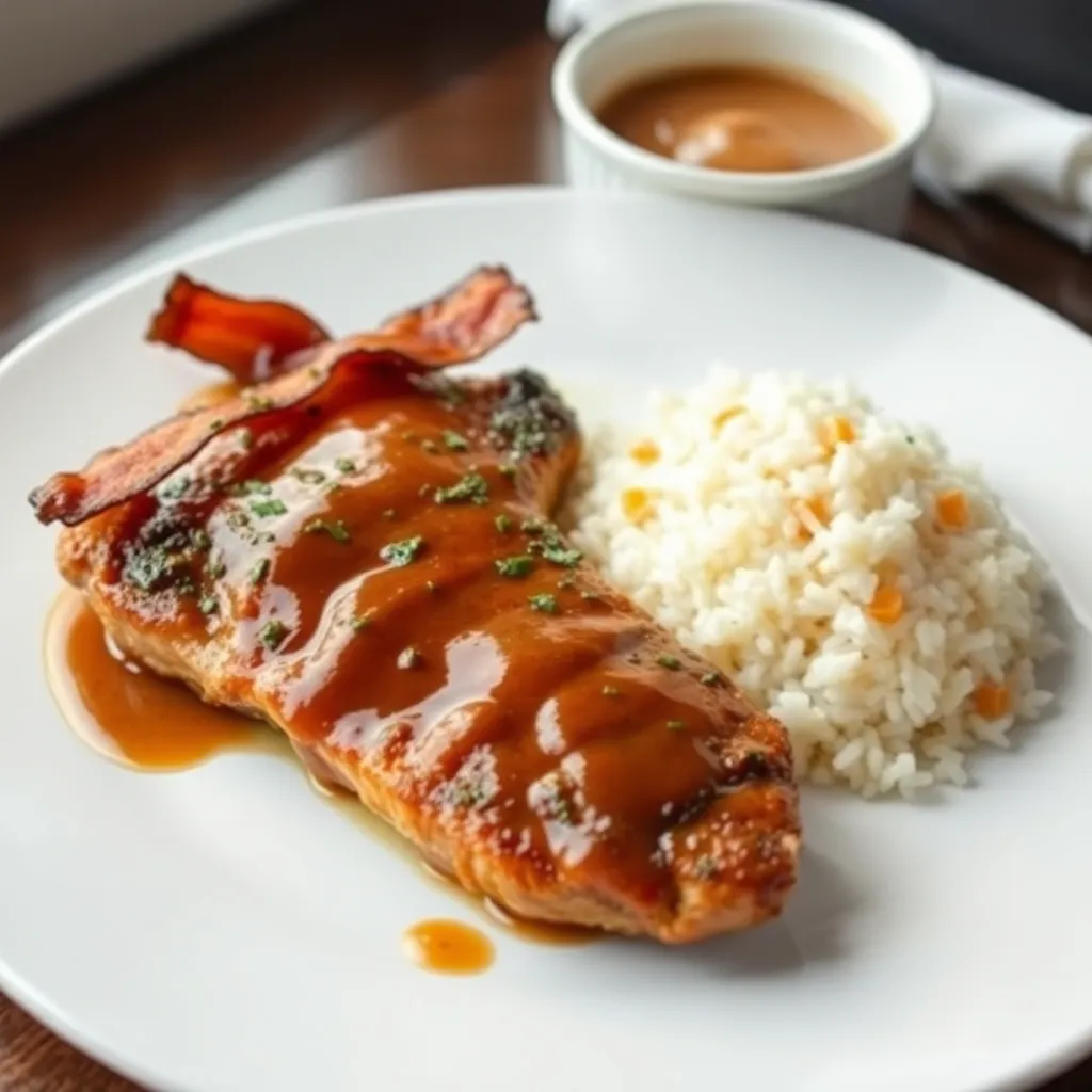 Recept - Kurací steak, marinovaný v čerstvých bylinkách, podávaný s praženou slaninkou, demi glace omáčke, jazmínová ryža, ľadový šalát miešaný s pomarančovým dressingom