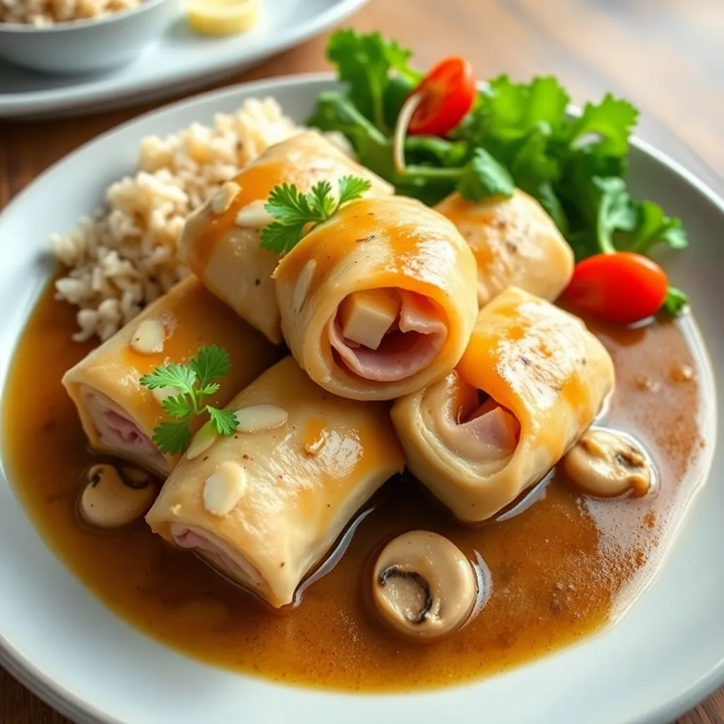 Recept - Kuracie roládky plnené šunkou a taveným syrom na prírodné omáčke so šampiónmi, podávaná s jazmínovou ryžou šalátik