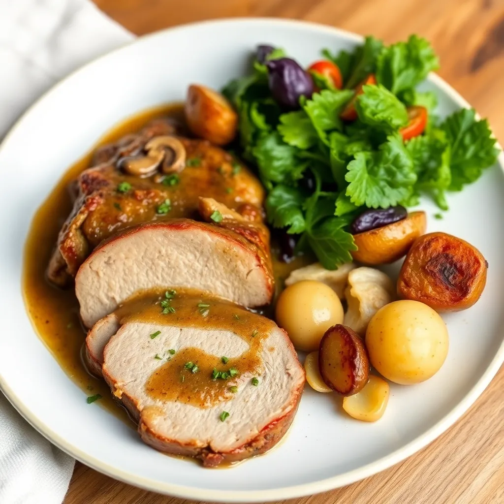 Recept - Pečená br, panenka na dubákovej omáčke podávaná s opekanými zemiakmi, šalátik