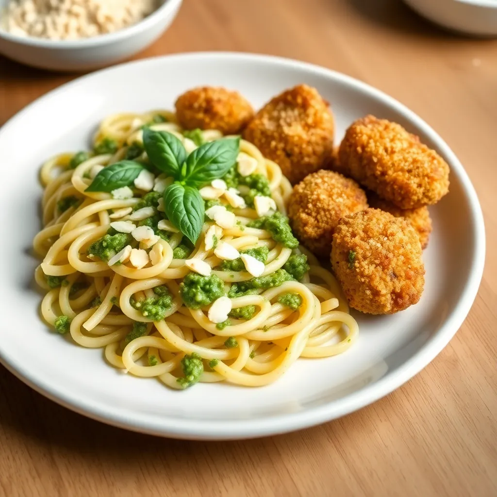 Recept - Penne s bazalkovým pestom, mandľami a chrumkavými kuracími nugetkami