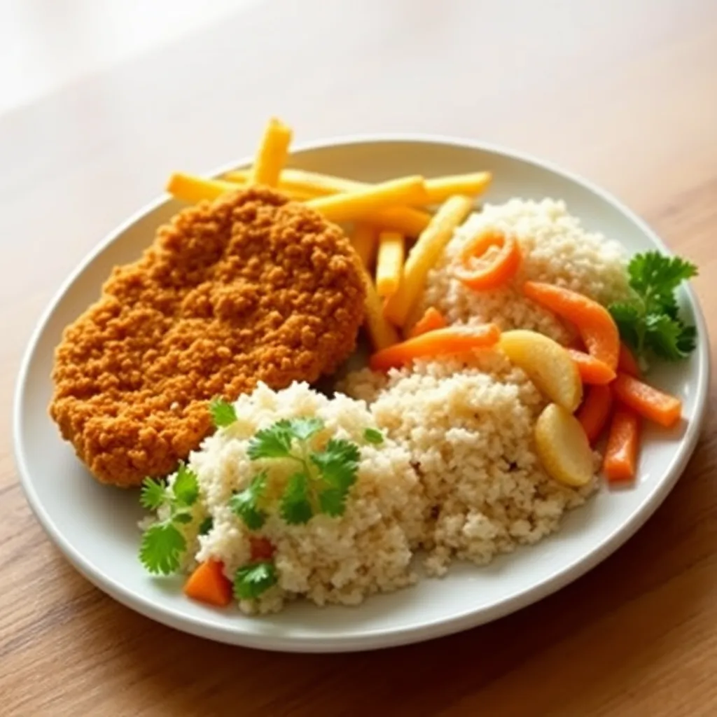 Recept - Vyprážané kuracie rezníky obaľované v Panko strúhanke, podávané s ½ jazmínovou ryžou a ½ hranolkami, mrkvovo jablkový šalát