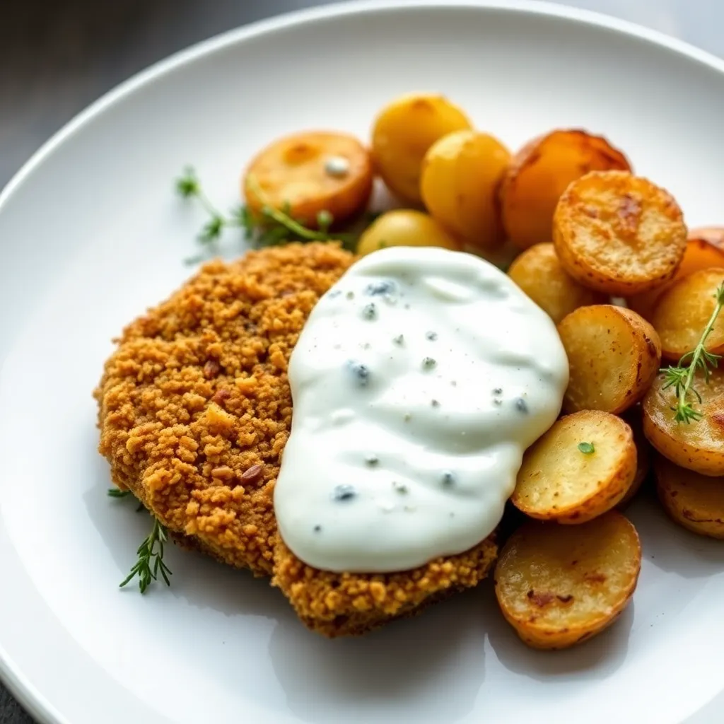 Recept - Vyprážané medailóniky z bravčovej panenky v panko strúhanke s opekanými zemiakmi na tymiáne a nivovo-jogurtovým dipom