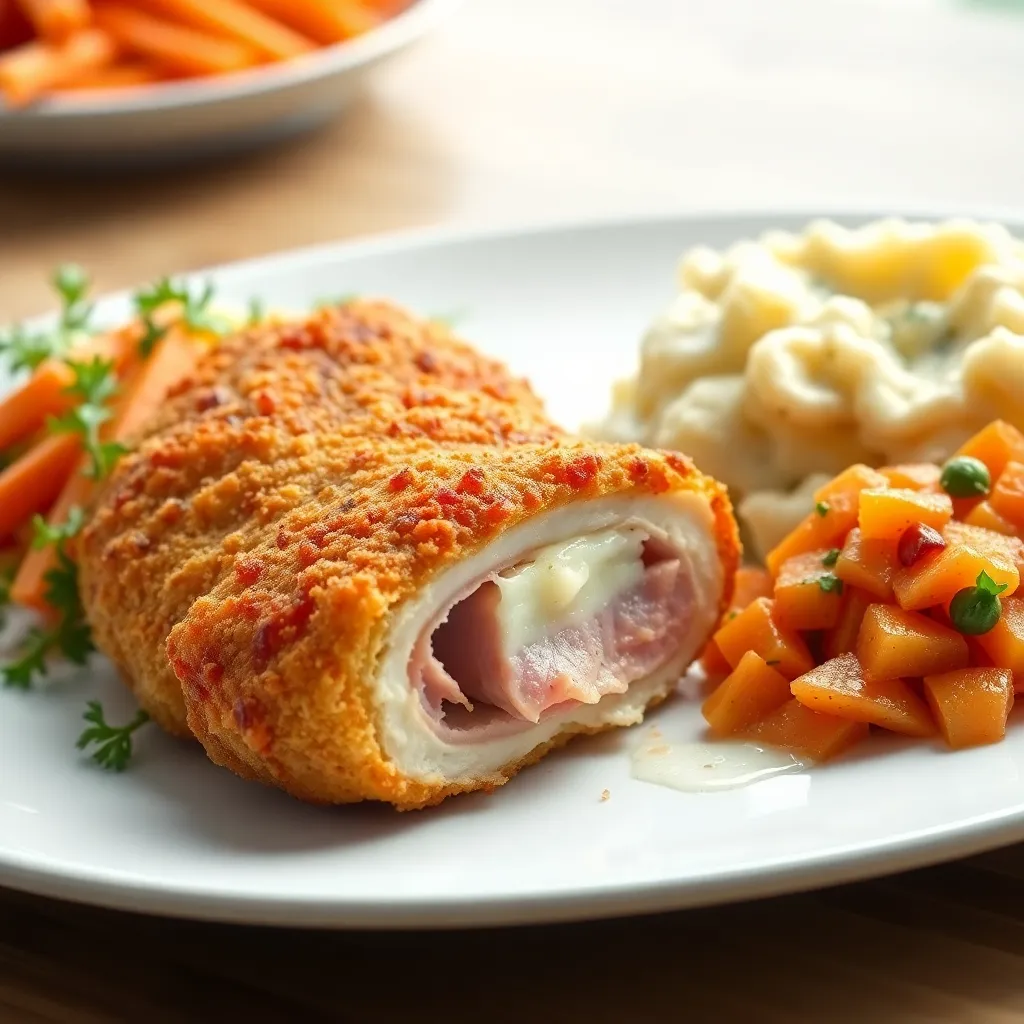 Recept - Vyprážaný kurací Cordon Bleu (Pražská šunka, syr) so zem. kašou a šalátom z mrkvy a ananásu