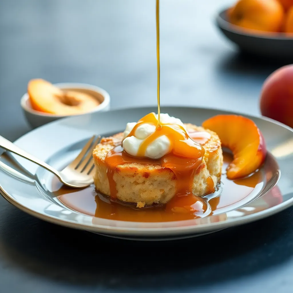 Recept - Žemľovka s broskyňami a tvarohom preliata horúcim slaným karamelom