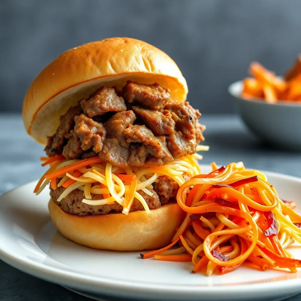 Recept - Burger s trhaným mäsom, coleslaw šalát.400g(1,3,7) Domáca žemľa plnená trhaným mäskom so sviežim kapustovo-mrkvovým šalátom coleslaw.