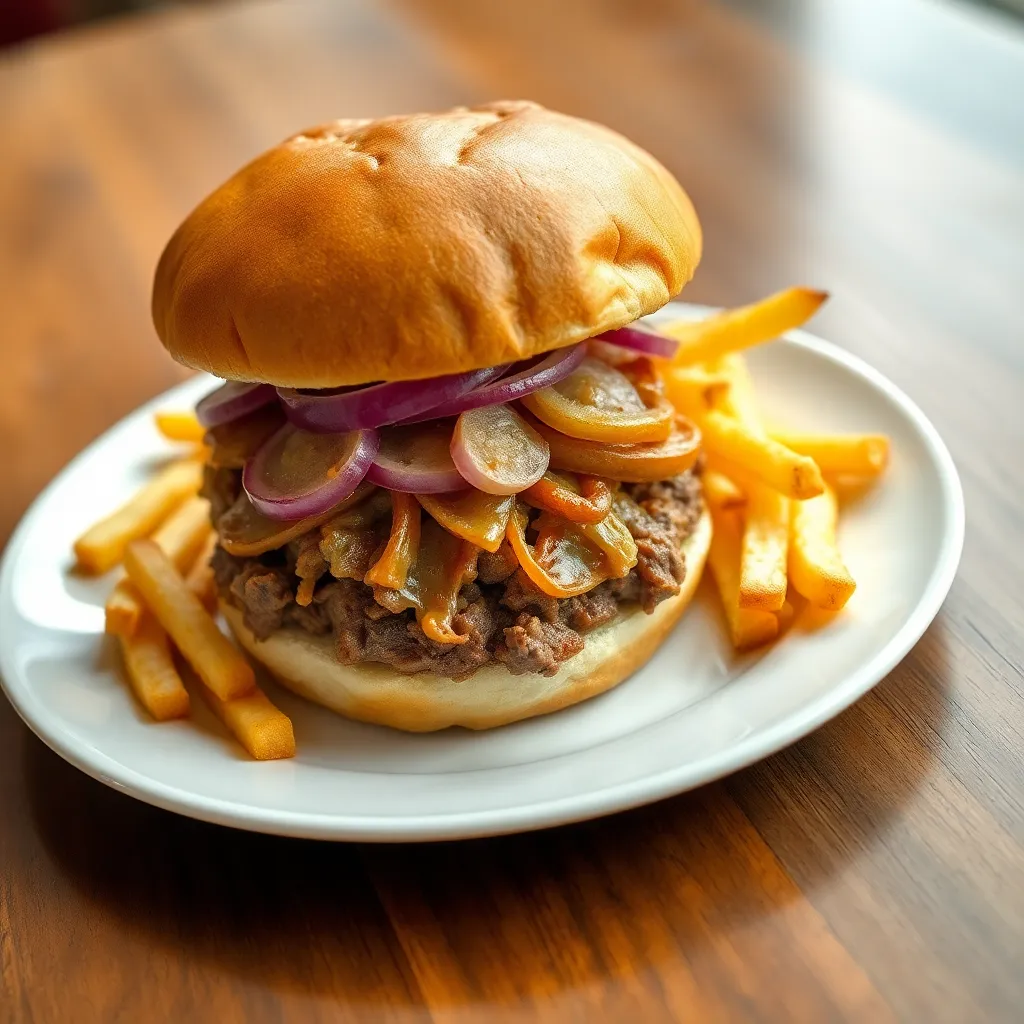 Recept - Burger s trhaným mäsom, nakladanou cibuľkou a hranolkami (1,3,7) 350g