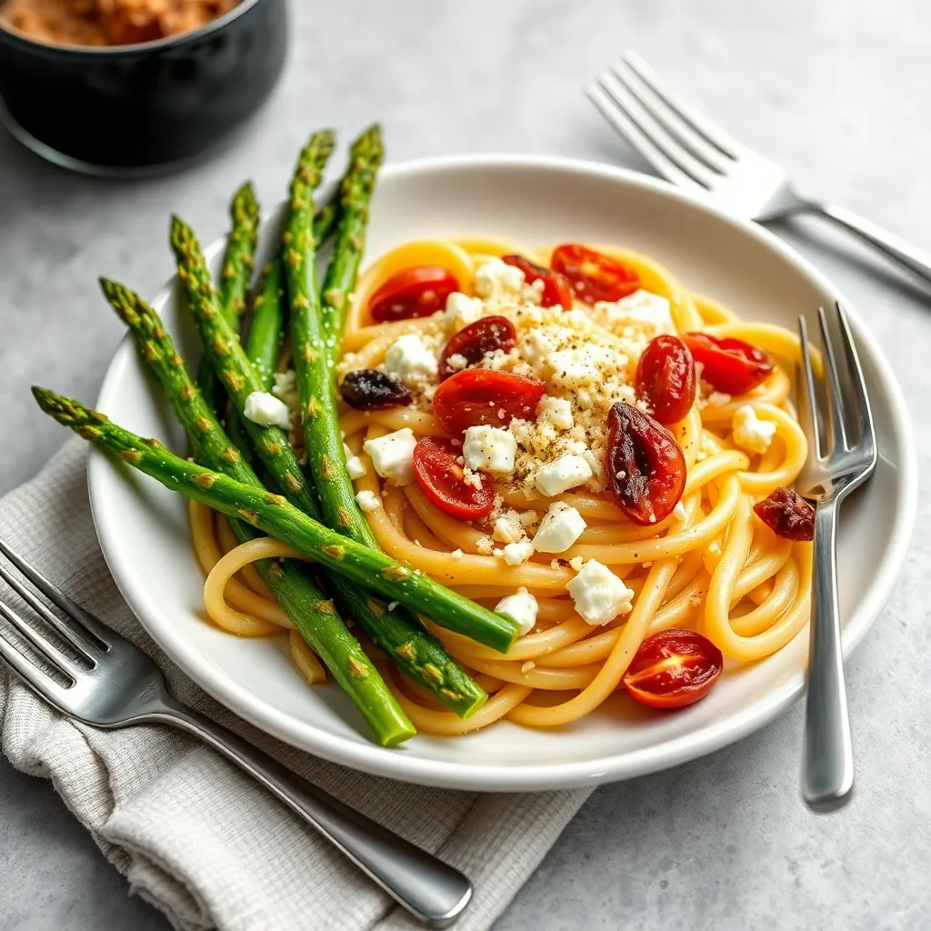 Recept - Cestoviny penne s fetou, sušenými paradajkami, grilovanou špargľou, parmezánom a olivovým olejom (1,3,7) 250g