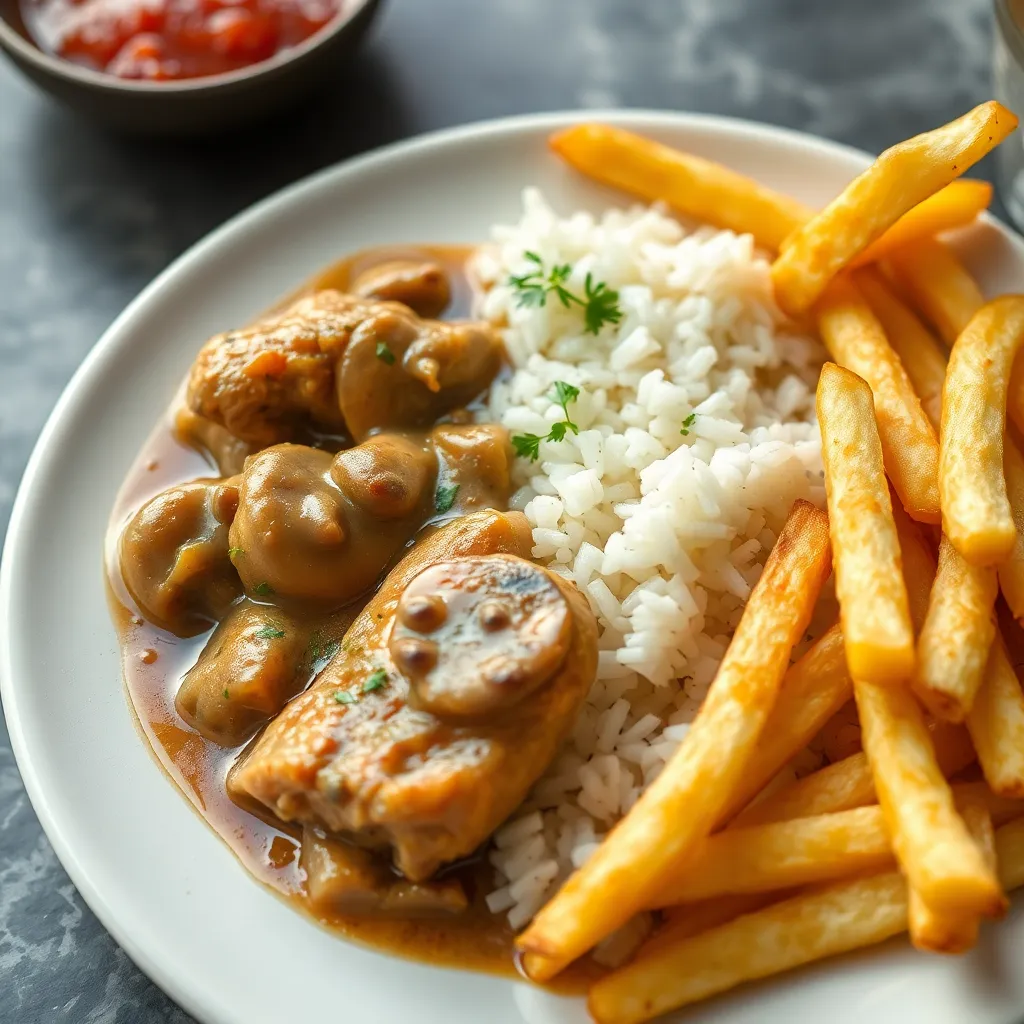 Recept - Kuracie na šampiňónoch s ryžou a hranolkami