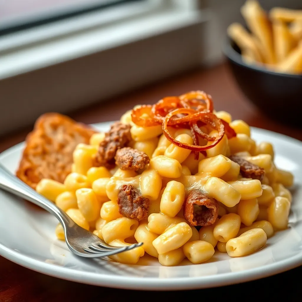 Recept - MAC and cheese s trhaným mäsom a chrumkavou cibuĺkou (1,3,7) 150g/150g