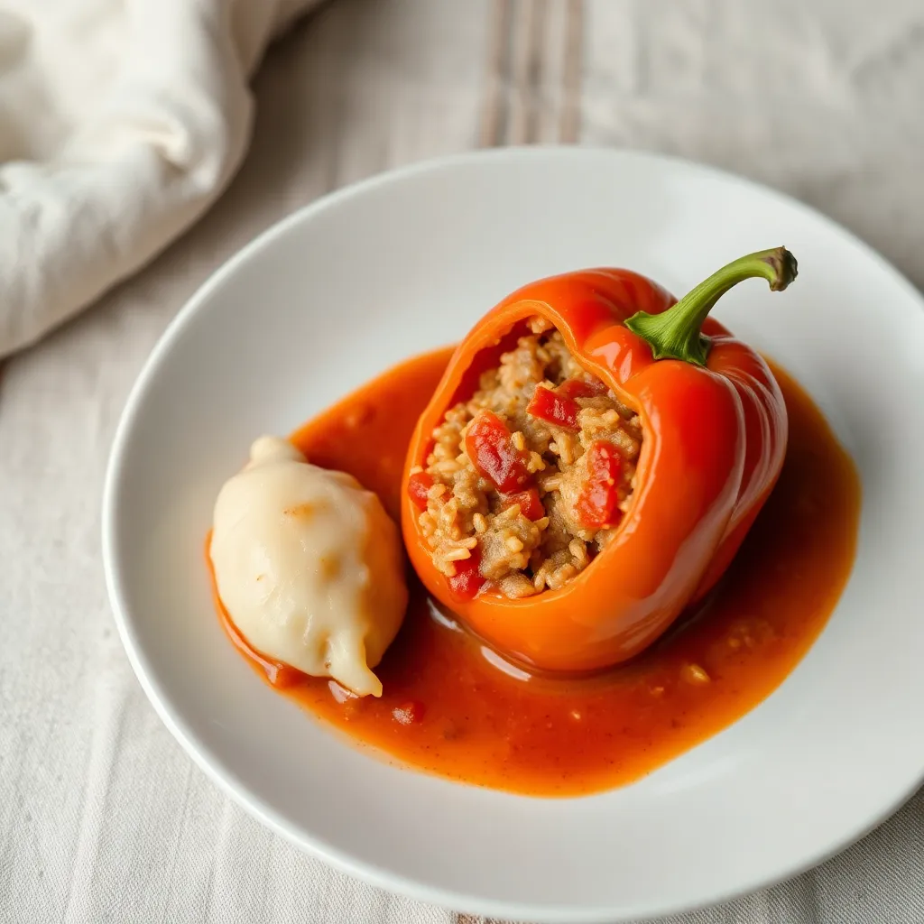 Recept - Plnená paprika, knedľa, rajčinová omáčka, Paprika plnená zmesou mäsa, ryže a korenín v jemnej rajčinovej omáčke podávaná s knedľou 150g/150g