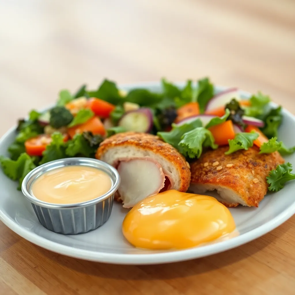 Recept - Zeleninový šalát, vyprážaný encián so šunkou, cheddar dip